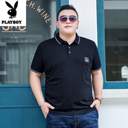 花花公子（PLAYBOY）夏季純棉翻領肥佬短袖寬松加大半袖t恤薄款胖子男裝商務POLO衫 黑色 F26 5XL 建議230-250斤