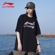 李寧（LI-NING）短袖男女同款t恤潮流圓領(lǐng)休閑棉春夏季印花舒適透氣半袖棉打底衫 黑(涂鴉標(biāo)-73%棉+23%聚酯纖維) XL (180)