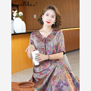 卡搭（kraallda）高檔品牌真絲連衣裙女顯瘦高端桑蠶絲夏季氣質媽媽裙子 卡其色 2XL 建議120-130斤左右