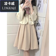 凌卡戚甜美元氣少女學(xué)院風(fēng)兩件套秋季娃娃領(lǐng)外套上衣背心連衣裙套裝 杏色外套+裸粉色背心裙 S