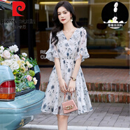 皮爾卡丹（pierre cardin）減齡荷葉邊印花桑蠶|絲連衣裙v領(lǐng)收腰顯瘦仙女中裙夏季真|絲裙子 藍(lán)花 M