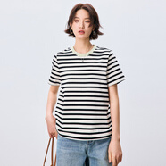 鯨乎清爽撞色條紋純棉短袖T恤女25夏季新款通勤百搭圓領(lǐng)正肩上衣 綠領(lǐng)條紋 L