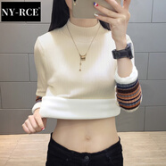NY-RCE半高領(lǐng)加絨毛衣打底衫女新款秋冬女士加厚保暖修身內(nèi)搭針織衫 米白色(彩色袖) 加絨 S
