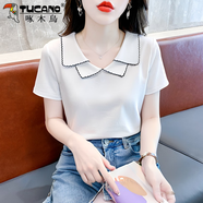 啄木鳥純棉正肩短袖t恤女裝2025年夏季新款體恤寬松顯瘦娃娃領(lǐng)上衣百搭 白色 S (建議95斤以內(nèi))
