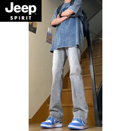 JEEP SPIRIT秋季新款柳葉彎刀牛仔褲男款美式高街彈力直筒修身褲子痞帥微喇褲 煙灰色 L 120-135斤