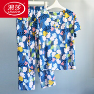浪莎（LangSha）可外穿棉綢睡衣套裝女夏人造棉薄款綿綢家居服媽媽顯瘦短袖九分褲 短-袖暗香襲人 44碼建議90-110斤