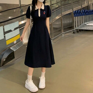 紫昕月學(xué)院風(fēng)設(shè)計(jì)感短袖高腰顯瘦連衣裙夏季大碼遮肚子復(fù)古中長(zhǎng)裙子 藏青色【超火連衣裙】 M 建議100斤內(nèi)