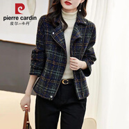 皮爾卡丹（pierre cardin）大碼女裝2025冬季新款顯瘦百搭氣質(zhì)格紋撞色拼接毛呢短外套 藏青 2XL