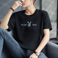 花花公子（PLAYBOY）男士短袖t恤純棉半袖上衣夏季男裝潮牌感刺繡印花圓領(lǐng)體恤男 黑色 S 80-100斤