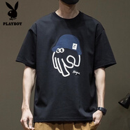 花花公子;PLAYBOY潮牌短袖t恤男紅色2025夏季新款寬松大碼男士半袖體恤衫夏裝衣服 黑色 M 【適合115-130斤】