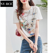 NY-RCE春夏新款短袖T恤女時(shí)尚拼接絲光棉針織寬松圓領(lǐng)顯瘦上衣 本白 M