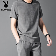花花公子（PLAYBOY）短袖T恤男士夏季亞麻冰絲運動(dòng)套裝中年爸爸裝寬松半袖長(cháng)褲兩件套 925灰色 XL