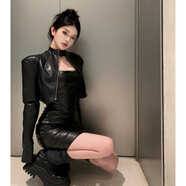 姿偉祺感掛脖連衣裙女裝春秋黑色皮裙子收腰顯 外套+連衣裙【超值兩件套】 XS 【建議70-80】