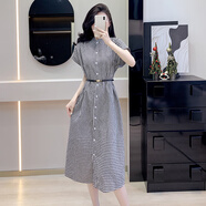 妹丫復古文藝格子襯衫連衣裙女春夏2025新款寬松中長(cháng)款短袖A字裙子 格子連衣裙（配腰帶） S