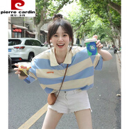 皮爾卡丹（pierre cardin）韓版森女撞色條紋polo領(lǐng)短袖T恤女夏季甜美百搭學(xué)生寬松上衣ins 藍(lán)杏條紋 M 【96-110斤】
