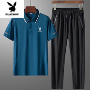 花花公子（PLAYBOY）高檔冰絲套裝男夏季休閑運動POLO.衫T恤長褲中老年寬松兩件套新品 藍(lán)色套裝【直筒】 L 建議95-118斤