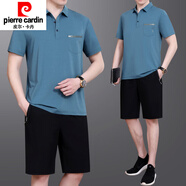 皮爾卡丹（pierre cardin）夏季款中老年男士爸爸裝翻領(lǐng)薄款冰絲短袖短褲寬松大碼運動(dòng)服套裝 726水藍 L 建議100斤----120斤體恤+褲子