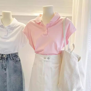 浮夏飛飛袖上衣娃娃衫襯衫女無(wú)袖襯衣娃娃領(lǐng)設計感小眾polo衫短袖t恤 粉色【優(yōu)質(zhì)純棉】 M (建議75-105斤)