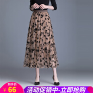 半身裙女春夏秋冬中長款碎花裙夏季印花a字網(wǎng)紗裙半身長裙女士薄款大擺紗裙子 咖色 均碼(90-148斤可穿)