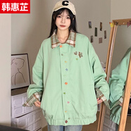 韓惠芷美式復(fù)古國(guó)朝字母刺繡棒球服外套女春季新款寬松學(xué)生情侶夾克上衣 A35綠色 【雙層有內(nèi)里】 XL 【建議125-150斤】