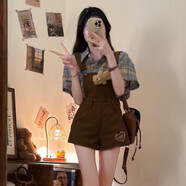 FHHUABD復古俏皮寬松格子襯衫+遮肉學(xué)院風(fēng)設計感背帶褲可愛(ài)減齡制服套裝 背帶短褲 S