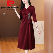 皮爾卡丹（pierre cardin）高貴年輕喜媽m媽婚禮禮服女2025春秋新款連衣裙喜服高端喜婆婆婚 酒紅色今年流行的輕奢品牌 3XL 建議130-145斤