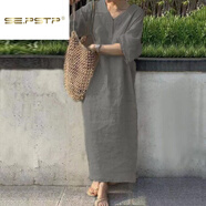 SE.PSTP夏季薄款V領(lǐng)亞麻連衣裙女日系簡(jiǎn)約復古寬松慵懶風(fēng)短袖棉麻長(cháng)袍子 灰色 (少量現貨) XL 【建議120-130斤】