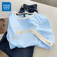 真維斯（JEANSWEST）短袖t恤女夏季新款純棉女裝上衣服撞色寬松ins風(fēng)小個子女生半袖衫 天藍 蝴蝶秘境橙 L