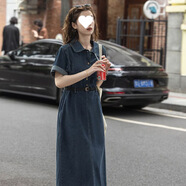 姿偉祺復(fù)古小眾短袖牛仔連衣裙女2025春夏季新款氣質(zhì)感設(shè)計(jì)連體裙子 【深藍(lán)款】 +腰帶 L 建議118-130斤