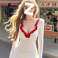京濮飛撞色V領(lǐng)短款上衣女修身名媛氣質(zhì) 紅白撞色-連衣裙 M
