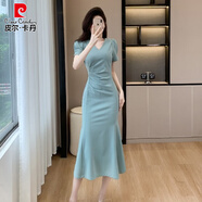 皮爾卡丹（pierre cardin）高級(jí)感法式名媛時(shí)尚氣質(zhì)V領(lǐng)泡泡袖褶皺包臀魚(yú)尾連衣裙小禮服長(zhǎng)裙 淺藍(lán)色原版 M