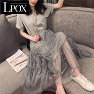 LPOX夏季女裝300斤顯瘦網(wǎng)紗短袖連衣裙韓版寬松中長(zhǎng)款仙女裙 灰色 L 建議105-120斤