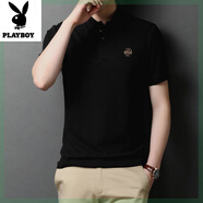 花花公子（PLAYBOY）男士純棉短袖t恤夏季翻領(lǐng)透氣polo.衫休閑半袖薄款體恤裝 黑色 XL 175
