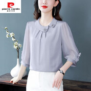 皮爾卡丹2025春夏季新款七分袖襯衫打底衫舒適面料氣質(zhì)寬松百搭娃娃領(lǐng)上衣 灰色 M 【建議90-100斤】