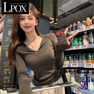 LPOX法式氣質(zhì)小眾POLO領(lǐng)針織衫女秋季打底衫毛衣女修身顯瘦上衣潮 韓灰棕 M 建議90-100斤