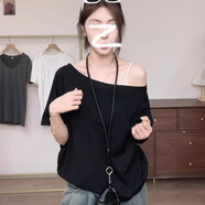 心楠黑色一字肩短袖休閑T恤女夏天斜領(lǐng)露肩寬松顯瘦別致辣妹上衣 黑色一字肩短袖【M95-105斤】