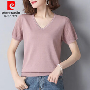 皮爾卡丹（pierre cardin）冰絲夏天薄款針織衫v領(lǐng)上衣女百搭短款T恤女純色鏤空大碼女裝 粉色 L 建議101-110