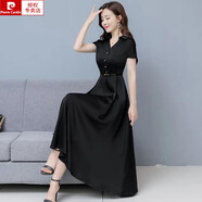 皮爾卡丹（pierre cardin）2025年新款連衣裙夏季修身顯瘦氣質(zhì)高檔冰絲長款收腰遮肚大擺長裙 黑色 2XL 120-135