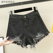 盛妙慈大碼女裝胖MM破洞牛仔短褲女ins風(fēng)辣妹寬松毛邊a字外穿闊腿熱褲子 852#黑灰色 XL