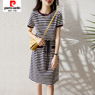 皮爾卡丹（pierre cardin）2025新款收腰系帶圓領(lǐng)短袖T恤針織裙子潮夏季新款中長款冰絲條紋 LYQ242#條紋裙 S 建議80-100斤