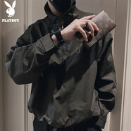 花花公子（PLAYBOY）外套男夾克男裝春秋季男士休閑工裝連帽潮流上衣服 墨綠  3XL