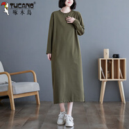 啄木鳥(niǎo)（TUCANO）長(cháng)款過(guò)膝t恤裙女秋冬新款大尺碼寬松顯瘦休閑長(cháng)袖純色打底連衣裙 軍綠色 L 大
