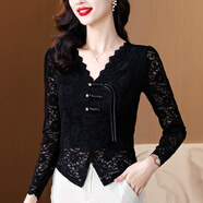 對蘭長(cháng)袖女士T恤2025秋季新款洋氣蕾絲衫百搭顯瘦打底小衫體恤上衣女 黑色 M