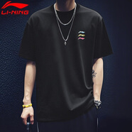 李寧（LI-NING）短袖t恤男夏季薄款涼感冰絲體恤寬松休閑透氣棉質(zhì)圓領(lǐng)運動(dòng)上衣 黑色-彩色小標 M /170 (105-125斤)