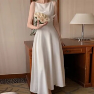 京濮飛韓國(guó)輕奢一字肩無(wú)袖長(zhǎng)款連衣裙感背心裙 杏色 S