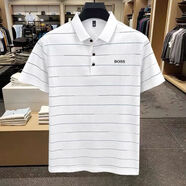 BOSS品男士25夏季新款純棉商務(wù)休閑條紋翻領(lǐng)刺繡半袖POLO衫上衣 白色 2XL  建議150-170斤