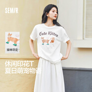 森馬（Semir）短袖t恤女中長(zhǎng)款萌寵花上衣25夏透氣吸濕寬松套頭衫109325100005
