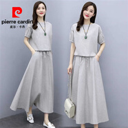 皮爾卡丹（pierre cardin）棉麻連衣裙兩件套2025年夏裝新款女裝遮肚子顯瘦長(cháng)裙短袖套裝裙子 淺灰色 XL 【建議穿115-130斤】