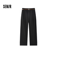 Semir[商場同款]森馬休閑褲女卷邊七分褲顯瘦秋2024新款純棉闊腿褲百搭 黑色90001 170/74A/XL