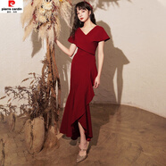皮爾卡丹（pierre cardin）紅色晚禮服2025年新款結(jié)婚敬酒服優(yōu)雅時尚長款魚尾連衣裙生日宴會 紅色 L
